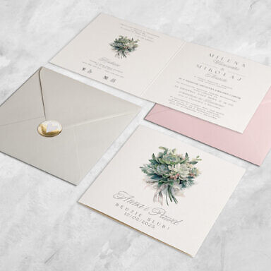 Zaproszenie ślubne z sukulentami w zielonych odcieniach z kolorową kopertą i złotą naklejką