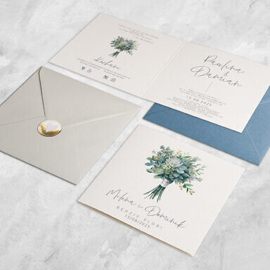 Minimalistyczne zaproszenie ślubne z kwiatami i listkami z kopertą i naklejką