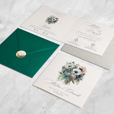 Zaproszenie ślubne bukiet kwiatów anemony z kolorową kopertą