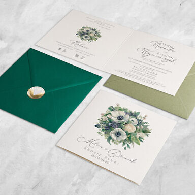 Zaproszenie ślubne z anemonami z zieloną kopertą i złoconą naklejką