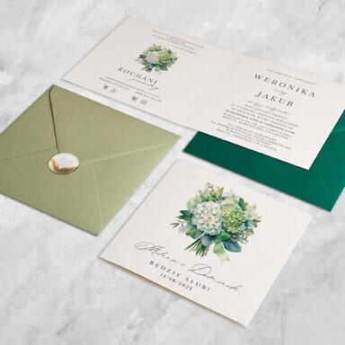 Zaproszenie ślubne z zielonym bzem i białym akcentem kwiatów w zestawie z kopertą
