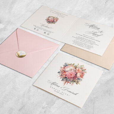 Zaproszenie ślubne bukiet różowych piwonii z kolorową kopertą i naklejką