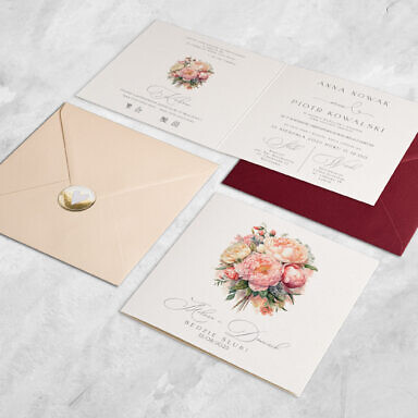 Zaproszenie ślubne bukiet kwiatów z kopertą i naklejką