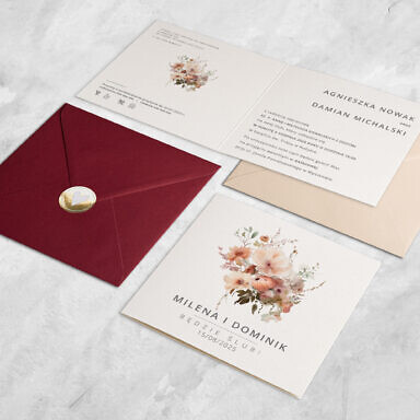 Zaproszenie ślubne beżowo brązowe kwiaty z kolorową kopertą i naklejką