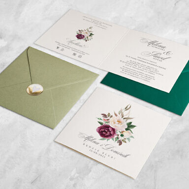 Zaproszenie ślubne bordowa i biała róża z kopertą i naklejką