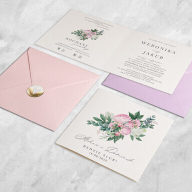 Zaproszenie ślubne z białym bzem i różową piwonią z kolorową kopertą i naklejką