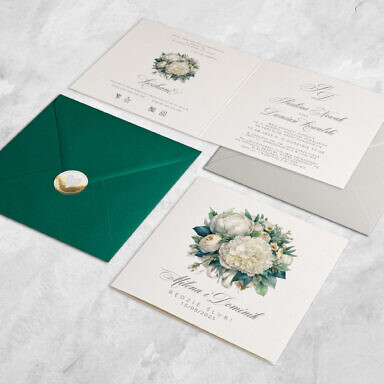 Zaproszenie ślubne z białymi kwiatami i zielonymi listkami z kolorową kopertą i naklejką