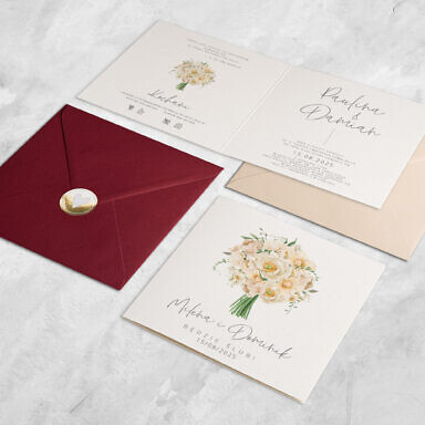 Zaproszenie ślubne z białym bukietem kwiatów z kolorową kopertą i naklejką