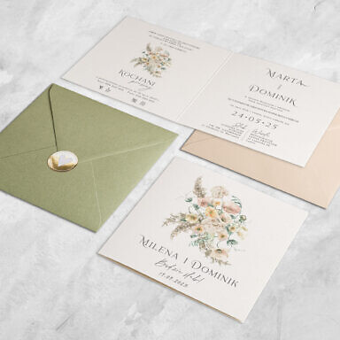 Zaproszenie ślubne w stylu boho z kolorową kopertą i naklejką