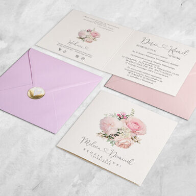 Zaproszenie ślubne różowe róże z kolorową kopertą i naklejką serduszko