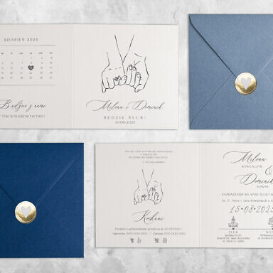 Zaproszenie ślubne z młodą parą, kolorową kopertą i naklejką