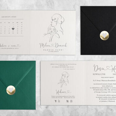 Zaproszenie ślubne z młodą parą, kolorową kopertą i naklejką