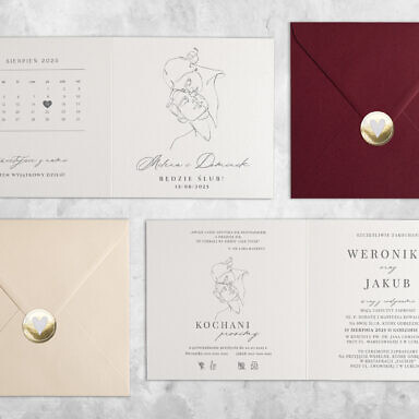 Zaproszenie ślubne z młodą parą, kolorową kopertą i naklejką