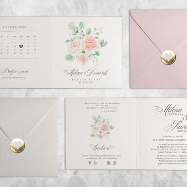Pastelowe zaproszenie ślubne z kwiatami i kopertą w zestawie