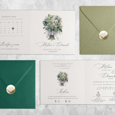 Zielone kwiatuszki zaproszenie ślubne z kolorową kopertą i złotą naklejką