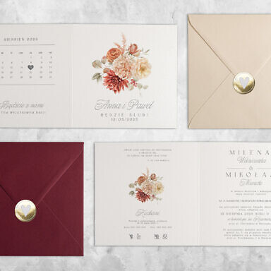 Czerwoibne zaproszenia ślubne z motywem kwiatowym, kolorową kopertą i naklejką