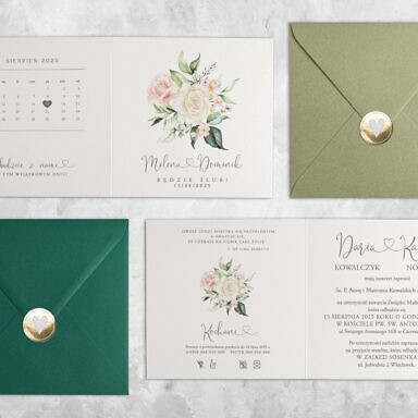 Zaproszenie ślubne z kwiatami, ciemno zieloną kopertą i metalizowaną naklejką