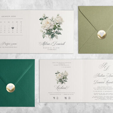 Zielone zaproszenie ślubne z kwiatami, kolorową kopertą i naklejką