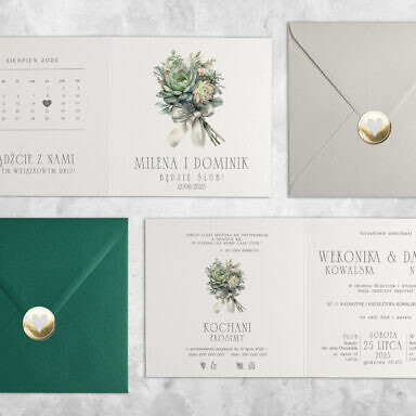 Zielone sukulenty zaproszenie ślubne z kwiatami z kolorową kopertą i złotą naklejką