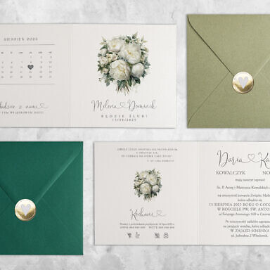 Ciepłe białe zaproszenie ślubne z kwiatami z kolorową kopertą i złotą naklejką