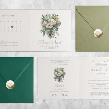 Białe zaproszenie ślubne z kwiatami z kolorową kopertą i złotą naklejką