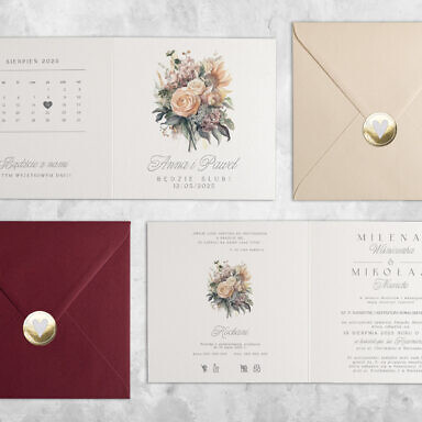 Kremowe zaproszenie ślubne z kwiatami z kolorową kopertą i złotą naklejką