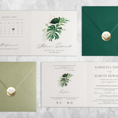 Zielony liść monstera zaproszenie ślubne z kolorową kopertą i złotą naklejką