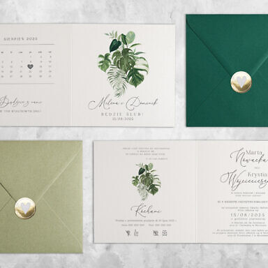 Liść monstery zaproszenie ślubne z kwiatami z kolorową kopertą i złotą naklejką