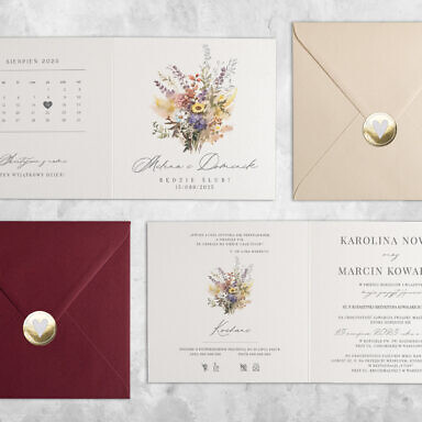 Zaproszenie ślubne z kwiatami polnymi z kolorową kopertą i złotą naklejką
