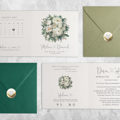 Biało zielone zaproszenie ślubne z kwiatami z kolorową kopertą i złotą naklejką
