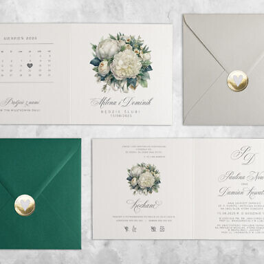 Kremowo białe zaproszenie ślubne z kwiatami z kolorową kopertą i złotą naklejką