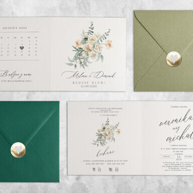 Delikatne zaproszenie ślubne z kwiatami z kolorową kopertą i naklejką