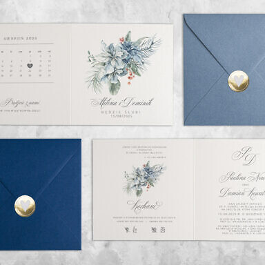 Granatowe zaproszenie ślubne z kwiatami z kolorową kopertą i naklejką