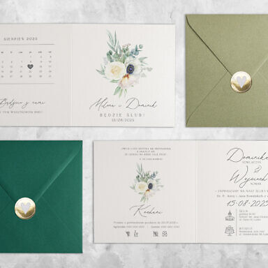Zielone zaproszenie ślubne z kwiatami z kolorową kopertą i naklejką