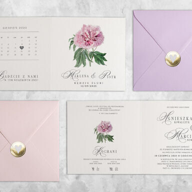 Różowe zaproszenie ślubne z kolorową kopertą i naklejką