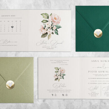 Zaproszenie ślubne z kwiatami, kolorową kopertą i naklejką