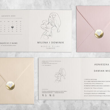 Zaproszenie ślubne z młodą parą, kolorową kopertą i naklejką