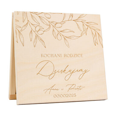 Podziękowanie w drewnianym pudełku z grawerunkiem gałązka oliwna