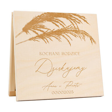 Podziękowanie w drewnianym pudełku z grawerunkiem trawa pampas
