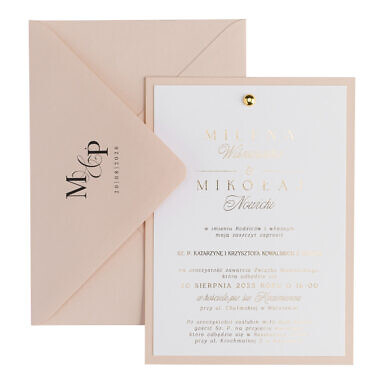 Zaproszenia ślubne ze złoceniem i nitem biscuit ciepły beż