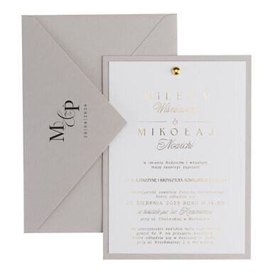 Zaproszenia ślubne ze złoceniem i nitem cobblestone (ciepła szarość)