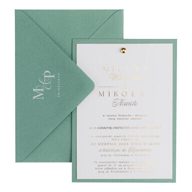 Zaproszenia ślubne ze złoceniem i nitem matcha jasna zieleń/szałwia