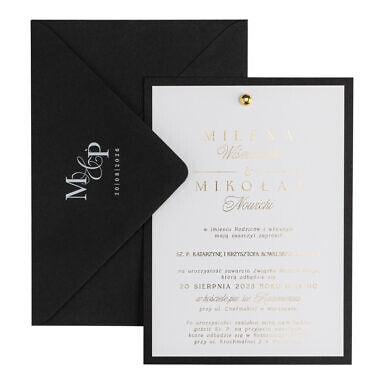 Zaproszenia ślubne ze złoceniem i nitem nero czarne
