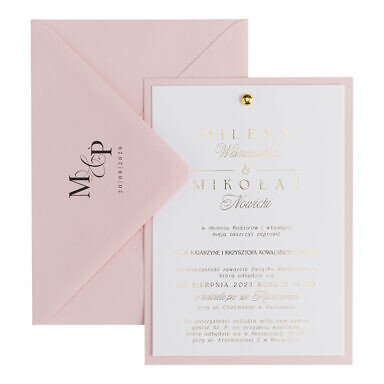 Zaproszenia ślubne ze złoceniem i nitem nude blady róż