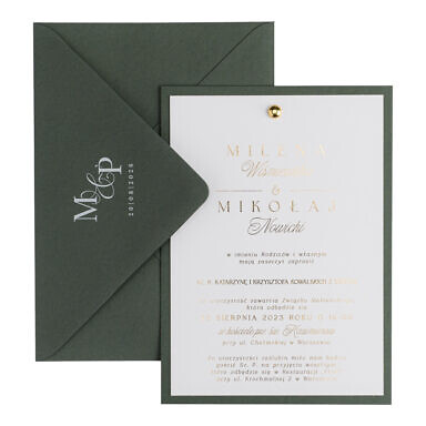 Zaproszenia ślubne ze złoceniem i nitem sequoia ciemna zieleń