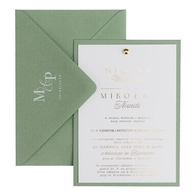 Zaproszenia ślubne ze złoceniem i nitem matcha jasna zieleń/szałwia